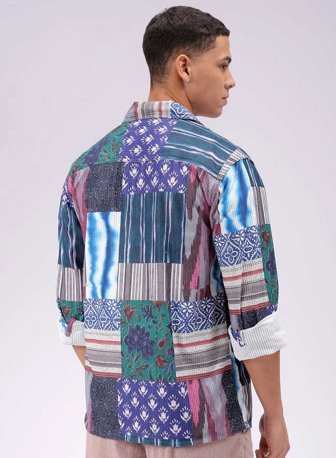 شركة المرآب الهندية قميص رجالي بقصة عادية وطبعات تجريدية وأكمام كاملة وياقة مقطوعة وجيوب مزدوجة للملابس الخارجية