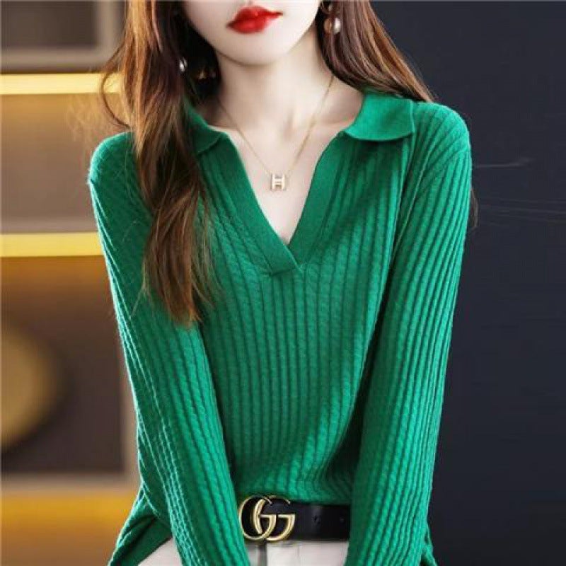 Autumn/winter New Knit Sweater Inner Wear Polo Collar Top Womens Slimming Smooths Your Silhouette Korean Fashionable Stylish Emerald