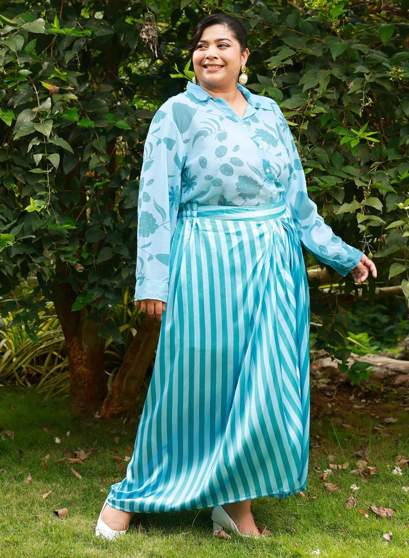 انستافاب بلس Women's Flora Striped Co-Ord Set For Ethnic Wear | Spread Collar, Long Cuffed Sleeves | Floral Print Woven Fabric | 2 Piece Co-Ords Designed For Casual & Evening Wear | Sky Blue