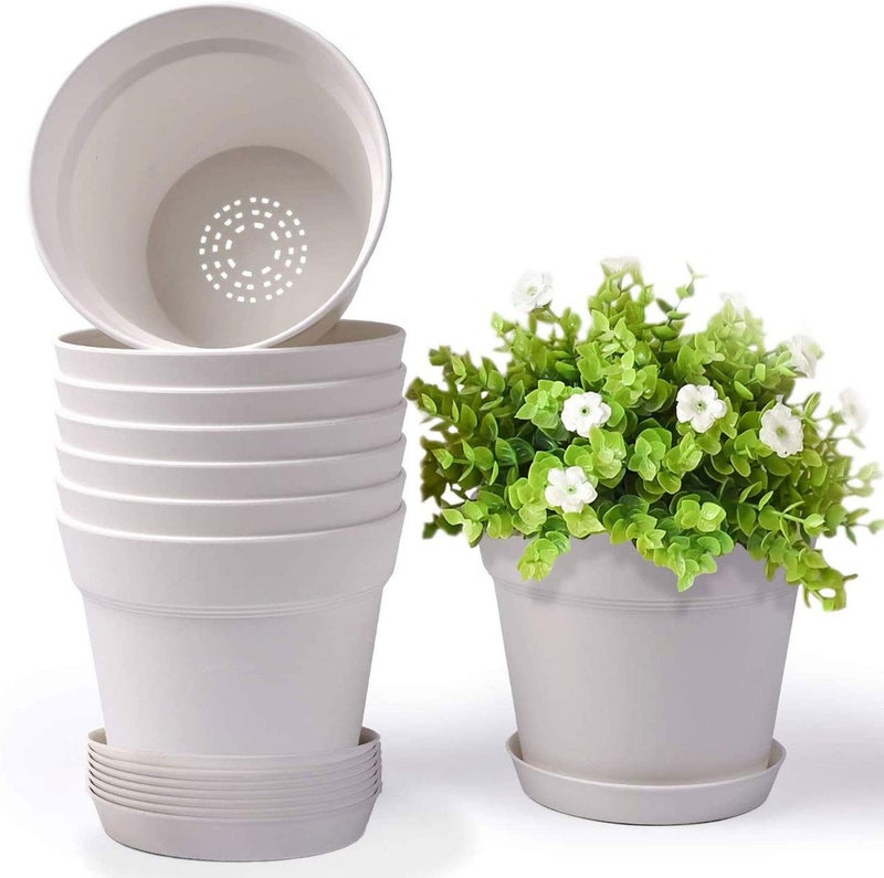 homenote Pots for Plants 8 Pcs 75 Inch Plastic Planters with Multiple Drainage Holes and Tray Plant Pots for All Home Garden Flowers Succulents Cream White