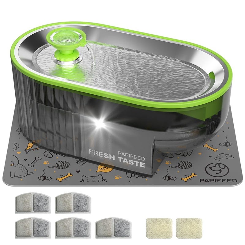 PAPIFEED Cat Water Fountain Stainless Steel with a Silicone Mat, 84oz/2.5L Automatic Cat Water Fountain with Water Level Window and LED Light, Quiet Low Power Cat Water Bowl & Cat Water Dispenser (Green) - Image 1
