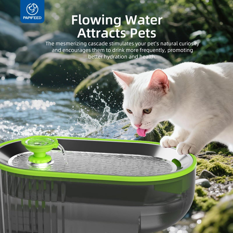 PAPIFEED Cat Water Fountain Stainless Steel with a Silicone Mat, 84oz/2.5L Automatic Cat Water Fountain with Water Level Window and LED Light, Quiet Low Power Cat Water Bowl & Cat Water Dispenser (Green) - Image 4