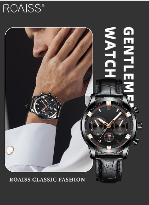 Men's Leather Strap Quartz Watch, Analog Display Round Shape Dial Watch with Date Display, Waterproof Luminous Watch as Gift for Men