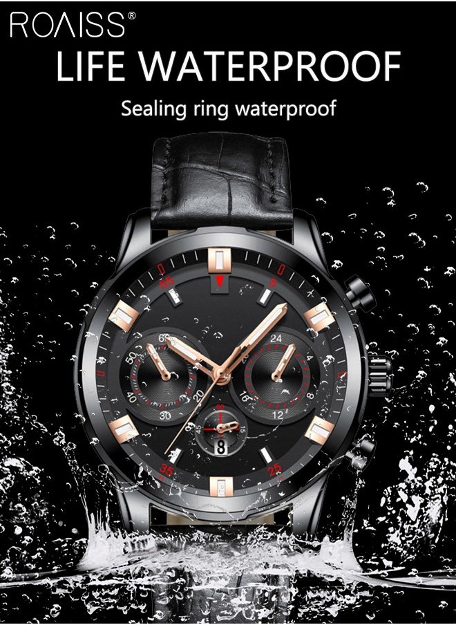 Men's Leather Strap Quartz Watch, Analog Display Round Shape Dial Watch with Date Display, Waterproof Luminous Watch as Gift for Men