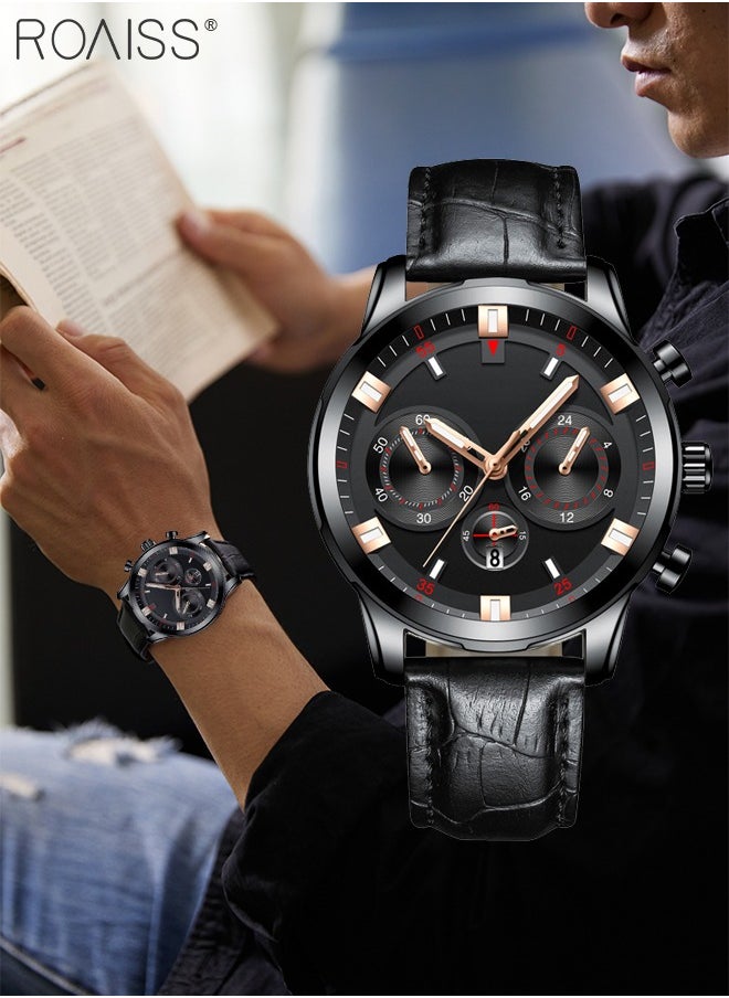 Men's Leather Strap Quartz Watch, Analog Display Round Shape Dial Watch with Date Display, Waterproof Luminous Watch as Gift for Men
