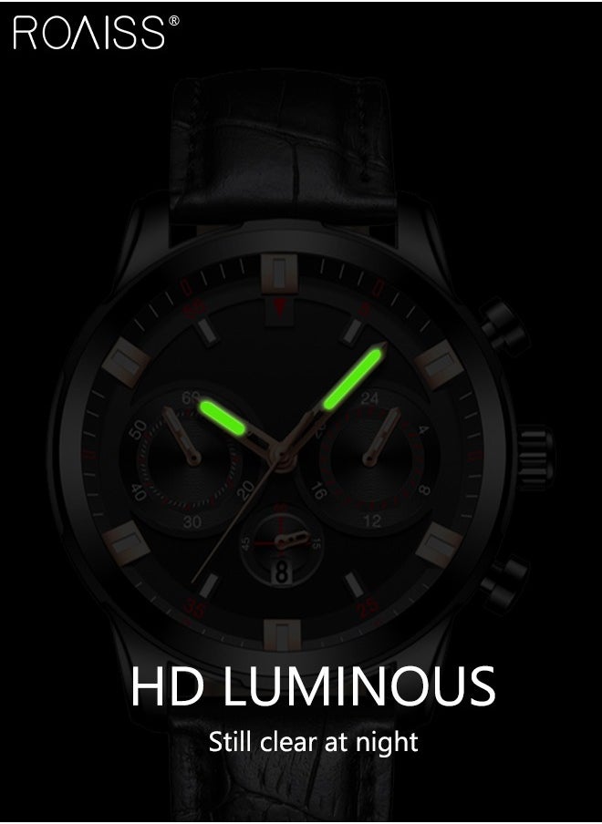 Men's Leather Strap Quartz Watch, Analog Display Round Shape Dial Watch with Date Display, Waterproof Luminous Watch as Gift for Men