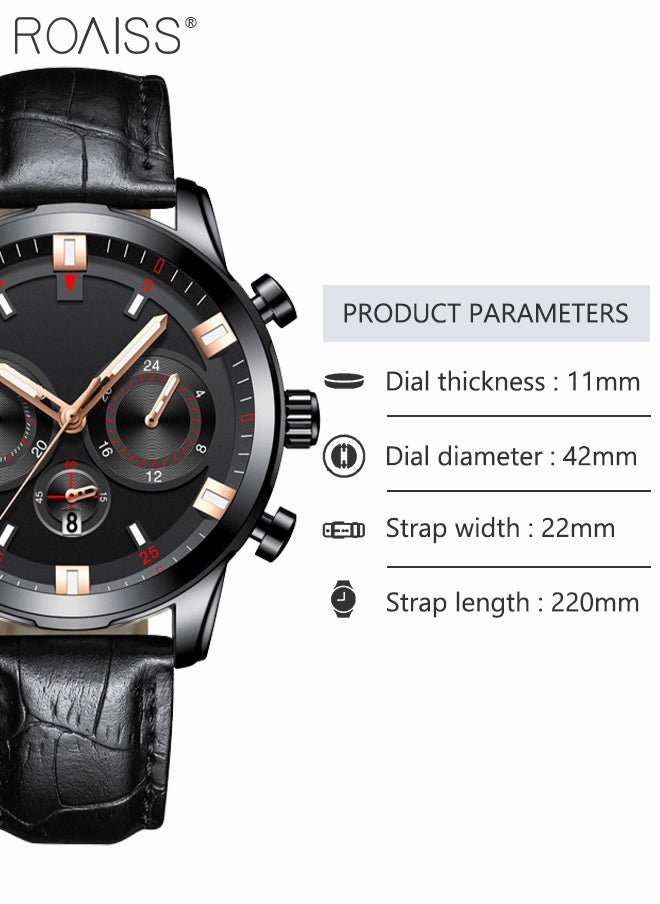 Men's Leather Strap Quartz Watch, Analog Display Round Shape Dial Watch with Date Display, Waterproof Luminous Watch as Gift for Men