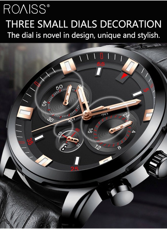 Men's Leather Strap Quartz Watch, Analog Display Round Shape Dial Watch with Date Display, Waterproof Luminous Watch as Gift for Men