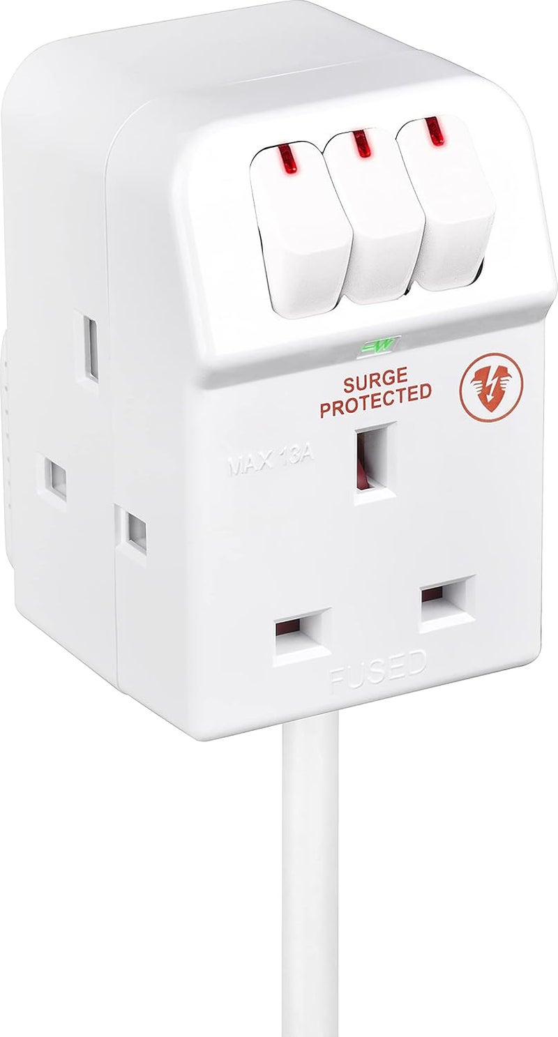 ماستربلاج ماستر بلج SWSRG3210C-MP 3 مقابس 2 متر 13 أمبير مفتاح فردي سلك تمديد مضغوط محمي من زيادة التيار، أبيض، فينيل - Image 1