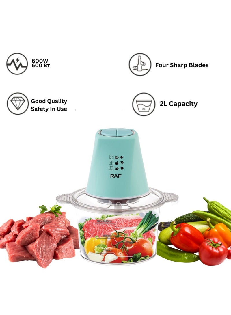 RAF Multi-Purpose Glass Chopper & Mincer, Electric Meat Grinder ,2L Glass Bowl, 600W Motor, 4 Stainless Steel Blades, Pulse Speed, Anti-Slip Base, Easy to Clean ,3-Year Warranty ,Clear/Sky Blue  - Image 2