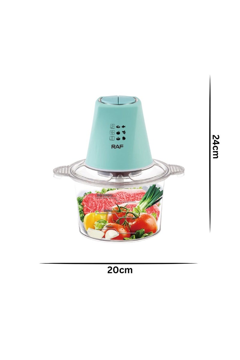 RAF Multi-Purpose Glass Chopper & Mincer, Electric Meat Grinder ,2L Glass Bowl, 600W Motor, 4 Stainless Steel Blades, Pulse Speed, Anti-Slip Base, Easy to Clean ,3-Year Warranty ,Clear/Sky Blue  - Image 5