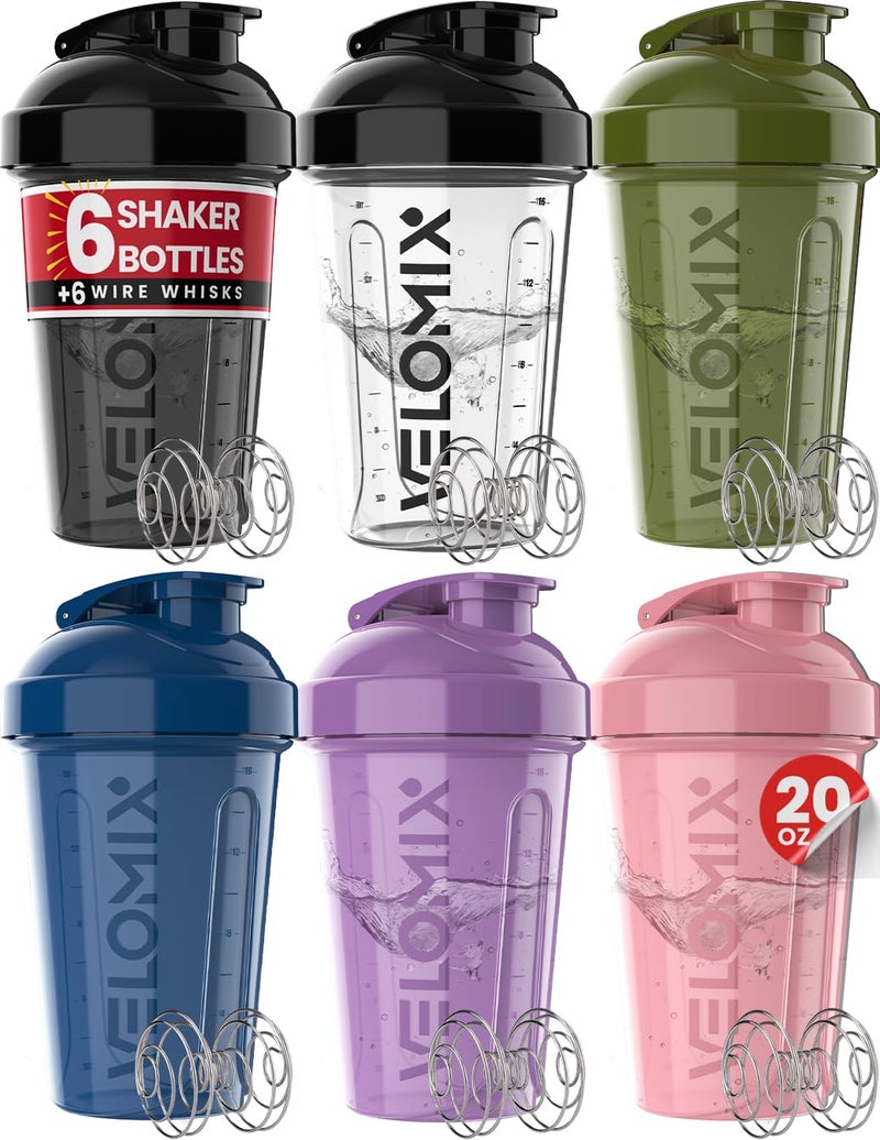 VELOMIX 6 PACK 20 oz Protein Shaker Bottle for Protein Mixes 6x Wire Whisk Leak Proof Shaker Cups for Protein Shakes Stackable Protein Shaker Bottle Pack Dishwasher Safe Muted Contrast - Image 2