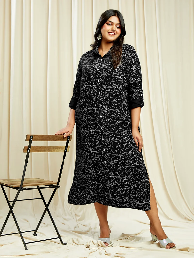 globus Globus Gloplus Women Black Collared Neck Roll-Up Sleeves Floral Print Front & Side Slits Plus Size Midi Shirt Dress