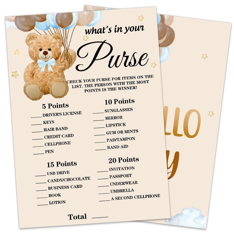 Toerifer Baby Shower Game Cards, Bear Theme What's in Your Purse Game Card for Baby Shower Partyï¼ŒFunny and Easy Icebreak Baby Shower Party Games Ideas Activity for Parent-to-be, 30 Double Print Cards - Image 1