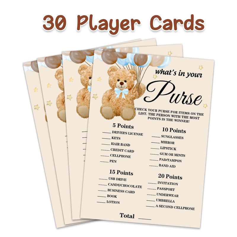 Toerifer Baby Shower Game Cards, Bear Theme What's in Your Purse Game Card for Baby Shower Partyï¼ŒFunny and Easy Icebreak Baby Shower Party Games Ideas Activity for Parent-to-be, 30 Double Print Cards - Image 3