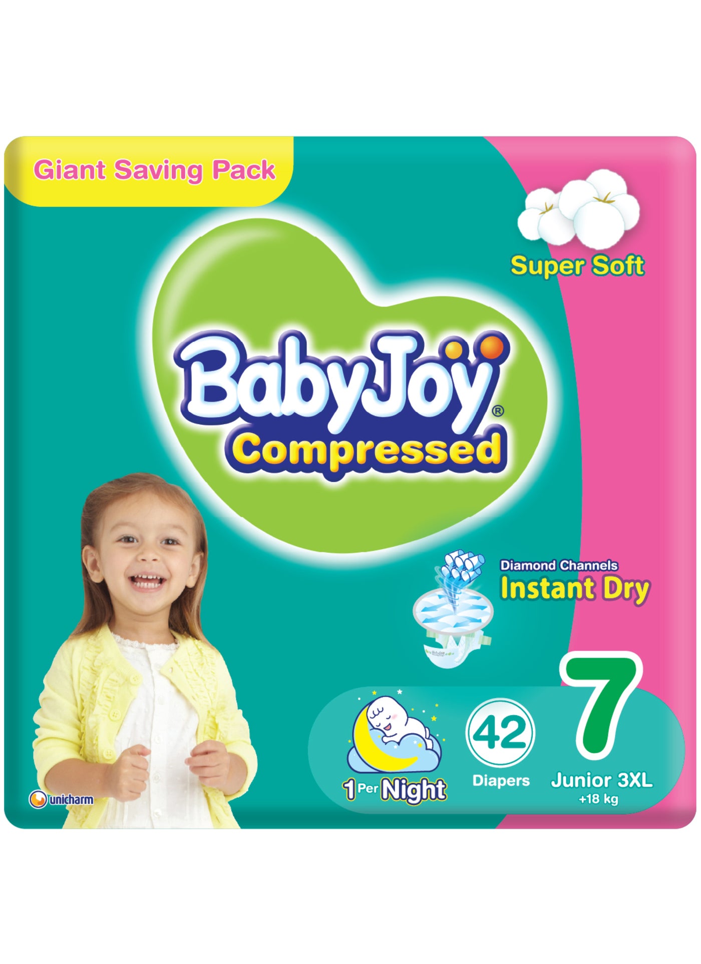 BabyJoy Compressed Diamond Pad Diaper, Size 7, Junior, 18+ Kg, Giant Pack, 42 Diapers