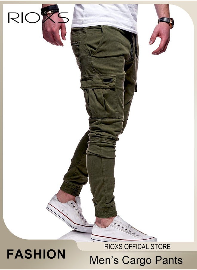 RIOXS Men's Cargo Pants, Baggy Fit Tapered Cargo Pants For Men, Casual Sports Trousers, Drawstring Athletic Pants For Running Jogging Workout, Tactical Pantalones Cargo, Mens Cargo Pants, Multi Pocket Stretch Sweatpants  - Image 1