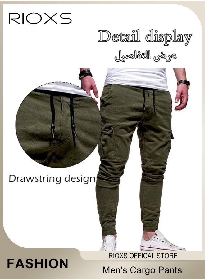 RIOXS Men's Cargo Pants, Baggy Fit Tapered Cargo Pants For Men, Casual Sports Trousers, Drawstring Athletic Pants For Running Jogging Workout, Tactical Pantalones Cargo, Mens Cargo Pants, Multi Pocket Stretch Sweatpants  - Image 2