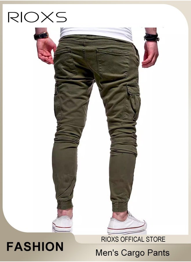 RIOXS Men's Cargo Pants, Baggy Fit Tapered Cargo Pants For Men, Casual Sports Trousers, Drawstring Athletic Pants For Running Jogging Workout, Tactical Pantalones Cargo, Mens Cargo Pants, Multi Pocket Stretch Sweatpants  - Image 4