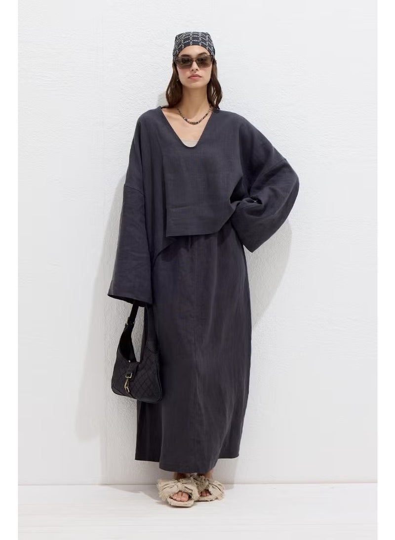 Manuka Premium V-Neck Linen Blouse Anthracite - Image 2
