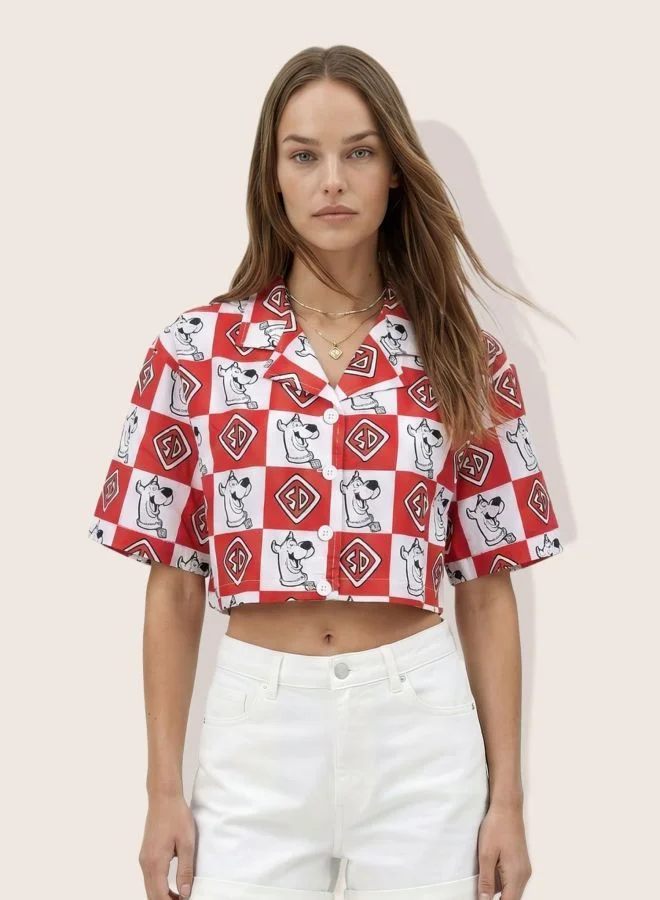 Women Relaxed Fit Character V-Neck Short Sleeve Crop Boxy Shirt