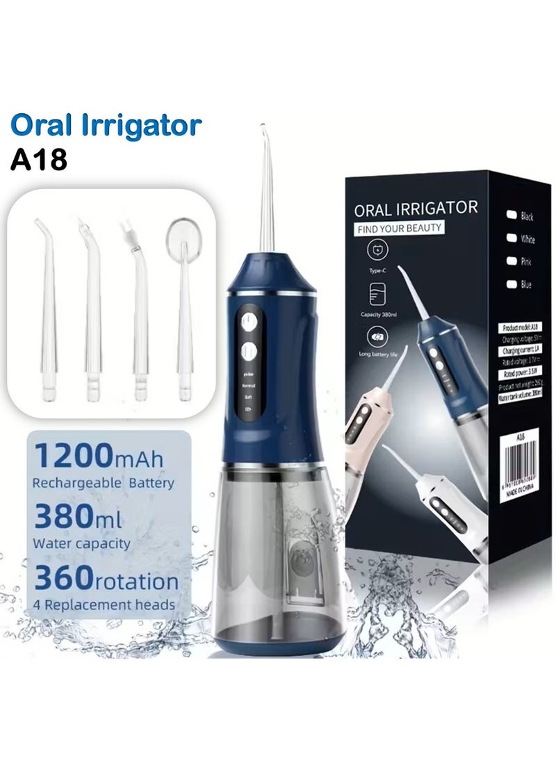 Rechargeable Dental Oral Irrigator with 4 Functional Nozzles, IPX7 Waterproof Design & 380ml Water Tank for Deep Teeth and Gum Cleaning at Home or Travel Cordless Electric Water Flosser with 3 Cleaning Modes, 360° Rotating Nozzles, Type-C Fast Charging and Long-Lasting 30-Day Battery Performance - Blue - Image 2