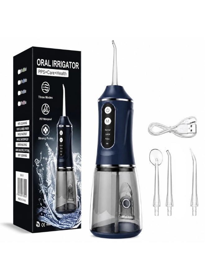 Rechargeable Dental Oral Irrigator with 4 Functional Nozzles, IPX7 Waterproof Design & 380ml Water Tank for Deep Teeth and Gum Cleaning at Home or Travel Cordless Electric Water Flosser with 3 Cleaning Modes, 360° Rotating Nozzles, Type-C Fast Charging and Long-Lasting 30-Day Battery Performance - Blue - Image 1