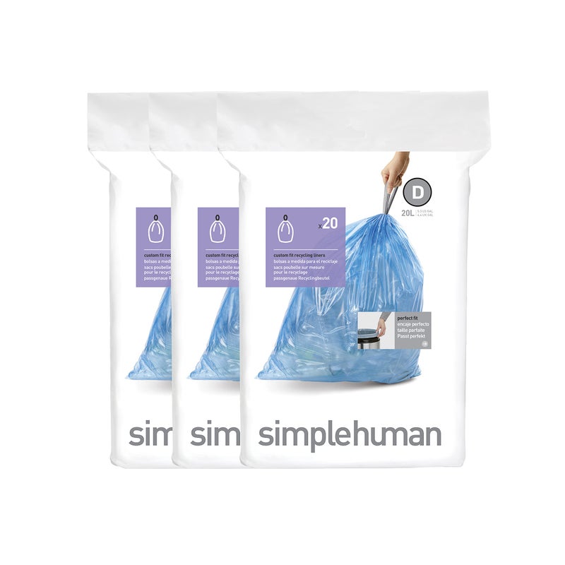 simplehuman Code D 60 Count, Genuine Custom Fit Liners, Drawstring Trash Bags in Dispenser Packs, 20 Liter / 5.3 Gallon, Blue - Image 5