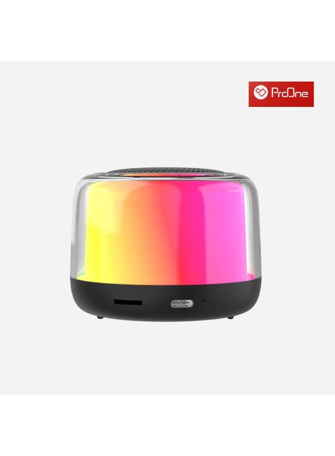ProOne PSB4335 is a compact portable Bluetooth 5.3 speaker with 3W output, RGB lighting, and a 52mm driver, featuring a 400mAh battery that offers up to 2 hours of playtime, Type-C fast charging in about 1 hour, and a 10m wireless range, while also supporting TWS stereo pairing, Bluetooth calling, TF card support up to 32GB, and MP3/WAV audio playback. - Image 1