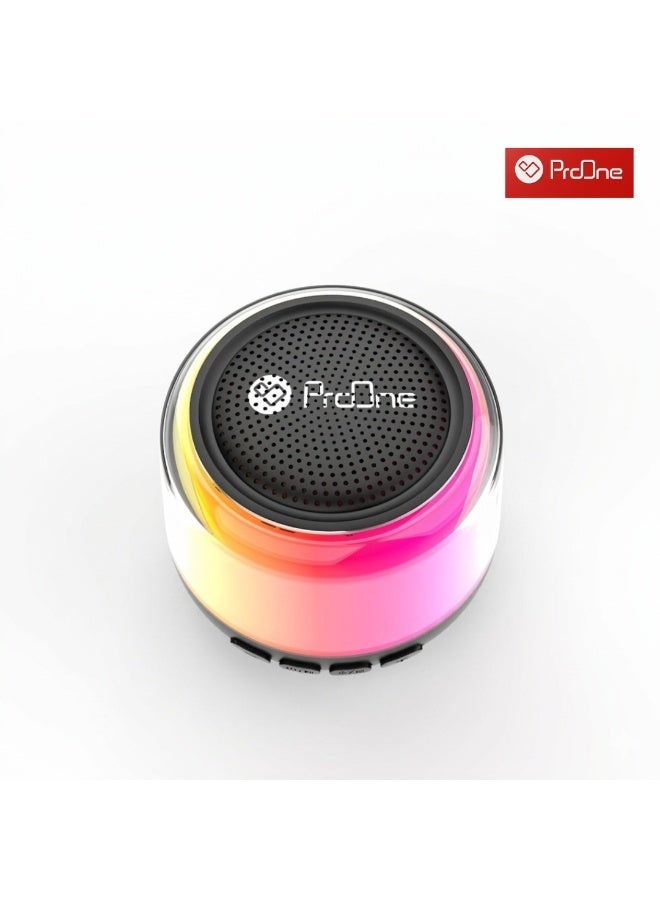 ProOne PSB4335 is a compact portable Bluetooth 5.3 speaker with 3W output, RGB lighting, and a 52mm driver, featuring a 400mAh battery that offers up to 2 hours of playtime, Type-C fast charging in about 1 hour, and a 10m wireless range, while also supporting TWS stereo pairing, Bluetooth calling, TF card support up to 32GB, and MP3/WAV audio playback. - Image 3
