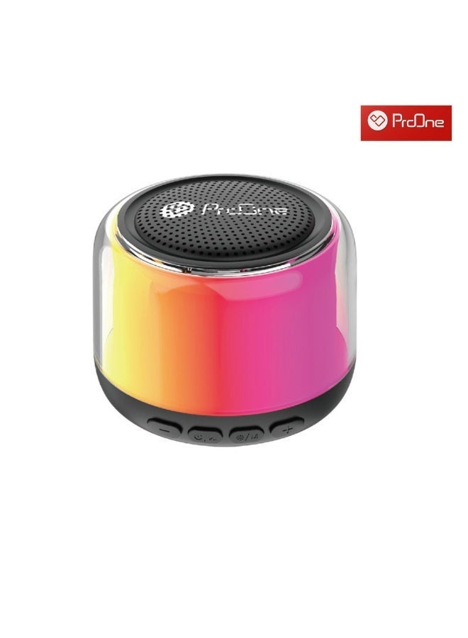 ProOne PSB4335 is a compact portable Bluetooth 5.3 speaker with 3W output, RGB lighting, and a 52mm driver, featuring a 400mAh battery that offers up to 2 hours of playtime, Type-C fast charging in about 1 hour, and a 10m wireless range, while also supporting TWS stereo pairing, Bluetooth calling, TF card support up to 32GB, and MP3/WAV audio playback. - Image 4