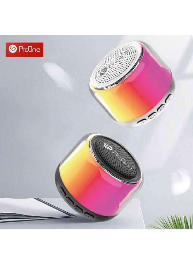 ProOne PSB4335 is a compact portable Bluetooth 5.3 speaker with 3W output, RGB lighting, and a 52mm driver, featuring a 400mAh battery that offers up to 2 hours of playtime, Type-C fast charging in about 1 hour, and a 10m wireless range, while also supporting TWS stereo pairing, Bluetooth calling, TF card support up to 32GB, and MP3/WAV audio playback. - Image 2