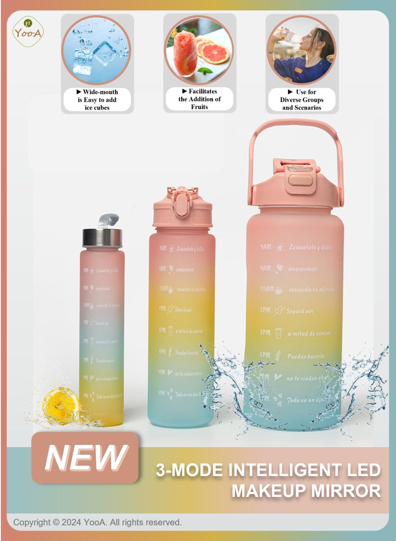 YooA Motivational Large Triple-Set Food-Grade Material Water Bottles in 300ml, 800ml,and 2 Liters | Straw & Handle,Time Markers, Food-Grade, Shatter-Resistant,For All Ages,Activities（Pink & Blue & Yellow） - Image 1