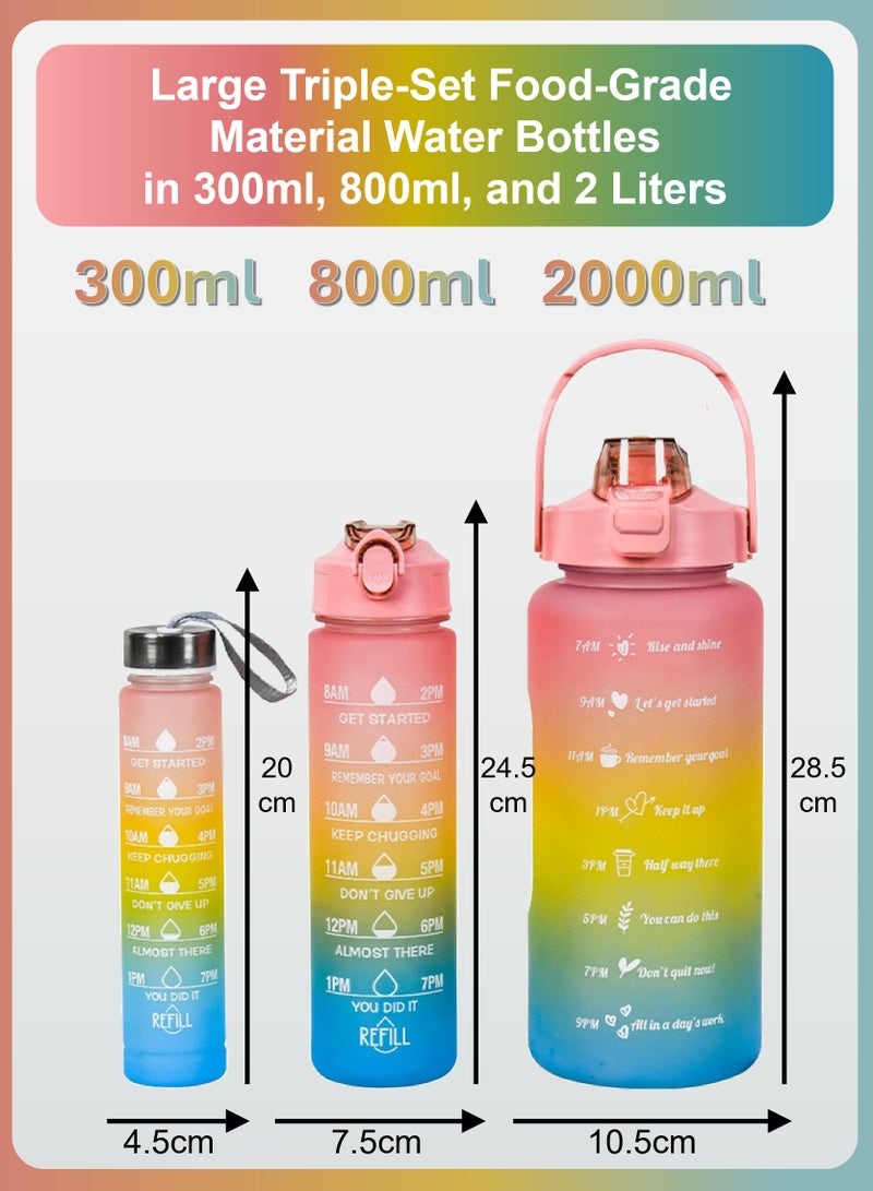 YooA Motivational Large Triple-Set Food-Grade Material Water Bottles in 300ml, 800ml,and 2 Liters | Straw & Handle,Time Markers, Food-Grade, Shatter-Resistant,For All Ages,Activities（Pink & Blue & Yellow） - Image 2