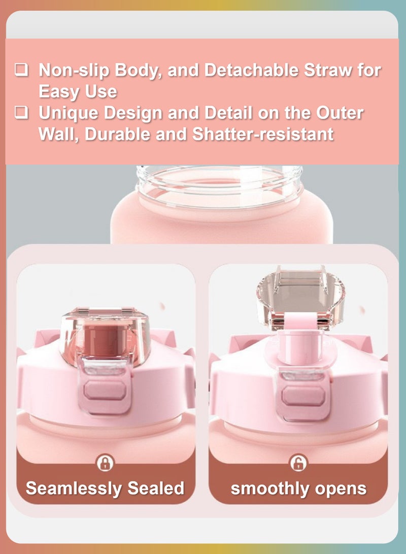 YooA Motivational Large Triple-Set Food-Grade Material Water Bottles in 300ml, 800ml,and 2 Liters | Straw & Handle,Time Markers, Food-Grade, Shatter-Resistant,For All Ages,Activities（Pink & Blue & Yellow） - Image 4