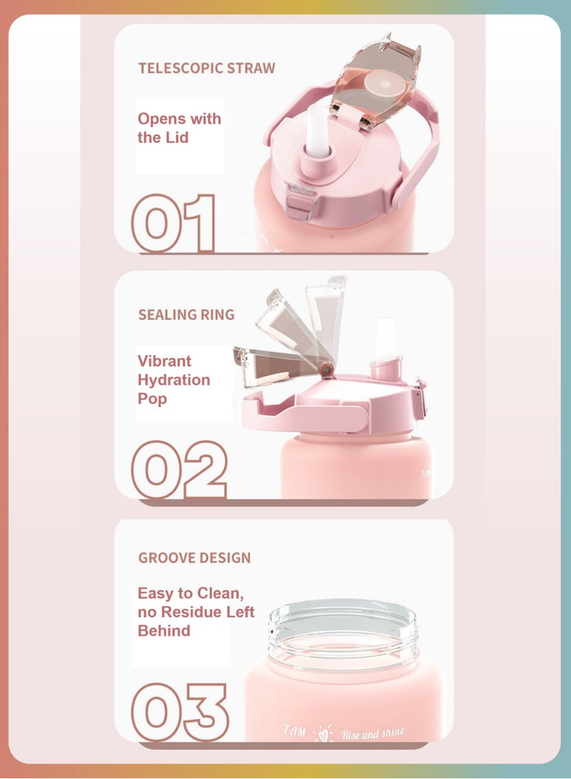 YooA Motivational Large Triple-Set Food-Grade Material Water Bottles in 300ml, 800ml,and 2 Liters | Straw & Handle,Time Markers, Food-Grade, Shatter-Resistant,For All Ages,Activities（Pink & Blue & Yellow） - Image 5