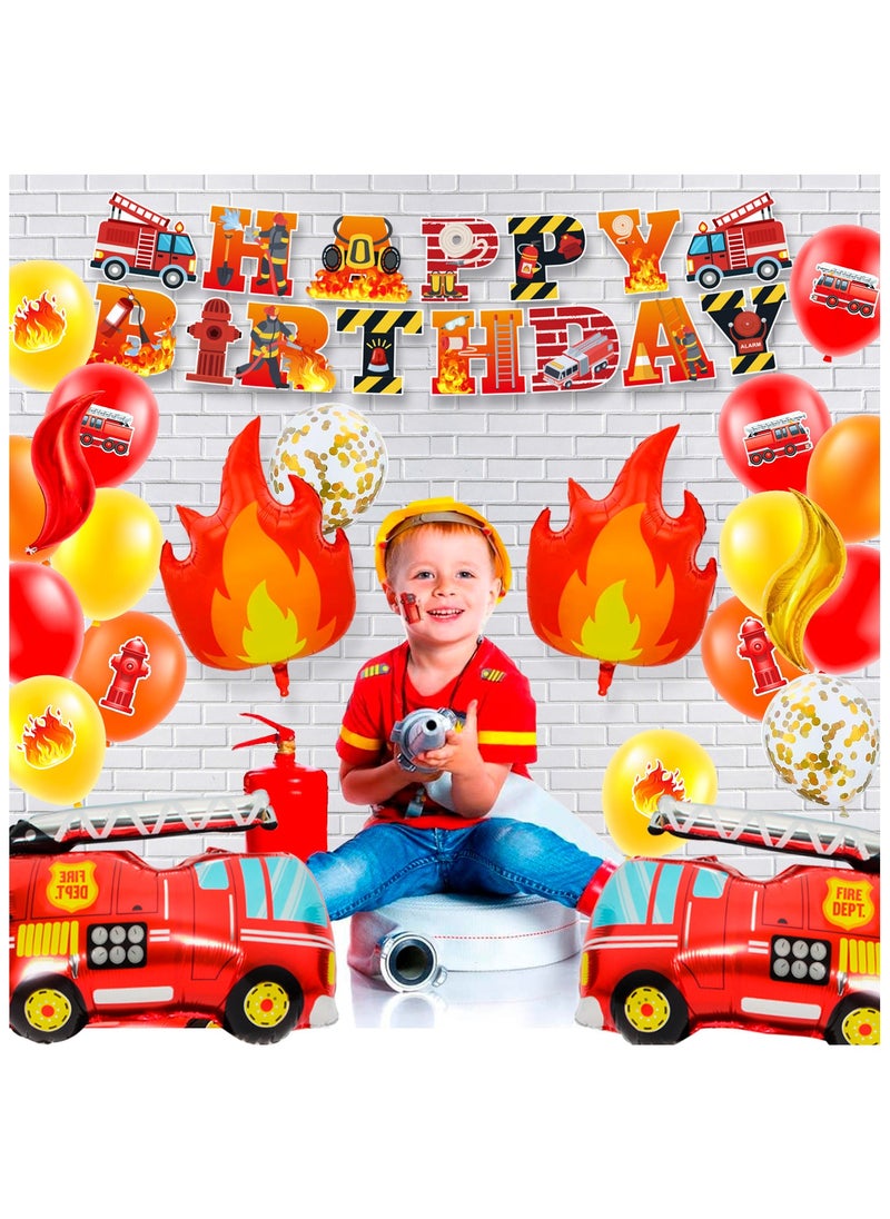 FRUITFUL PARTY - Fire Truck Party Decorations, 100 Pcs Firefighter Birthday Supplies Fire Truck Party Balloons Banner Cake Toppers Tablecloth - Image 1