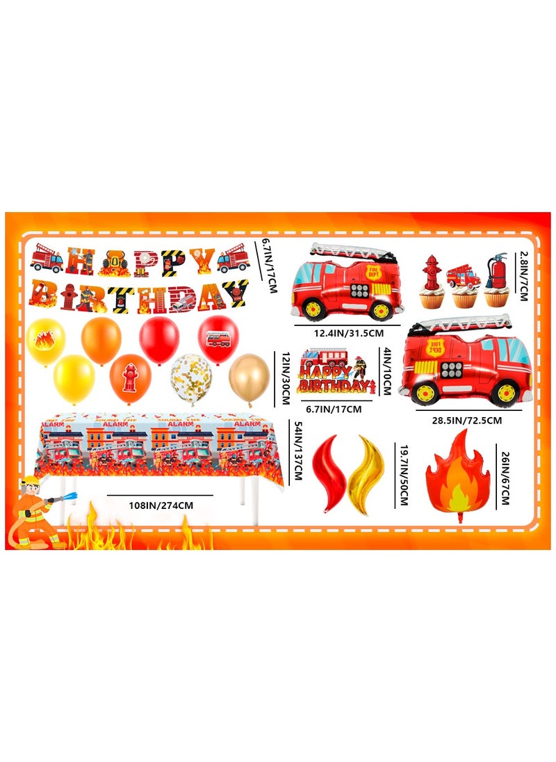 FRUITFUL PARTY - Fire Truck Party Decorations, 100 Pcs Firefighter Birthday Supplies Fire Truck Party Balloons Banner Cake Toppers Tablecloth - Image 1