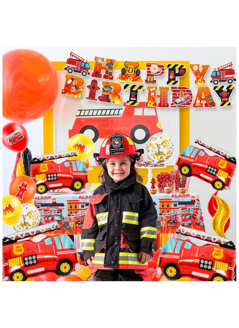 FRUITFUL PARTY - Fire Truck Party Decorations, 100 Pcs Firefighter Birthday Supplies Fire Truck Party Balloons Banner Cake Toppers Tablecloth - Image 1