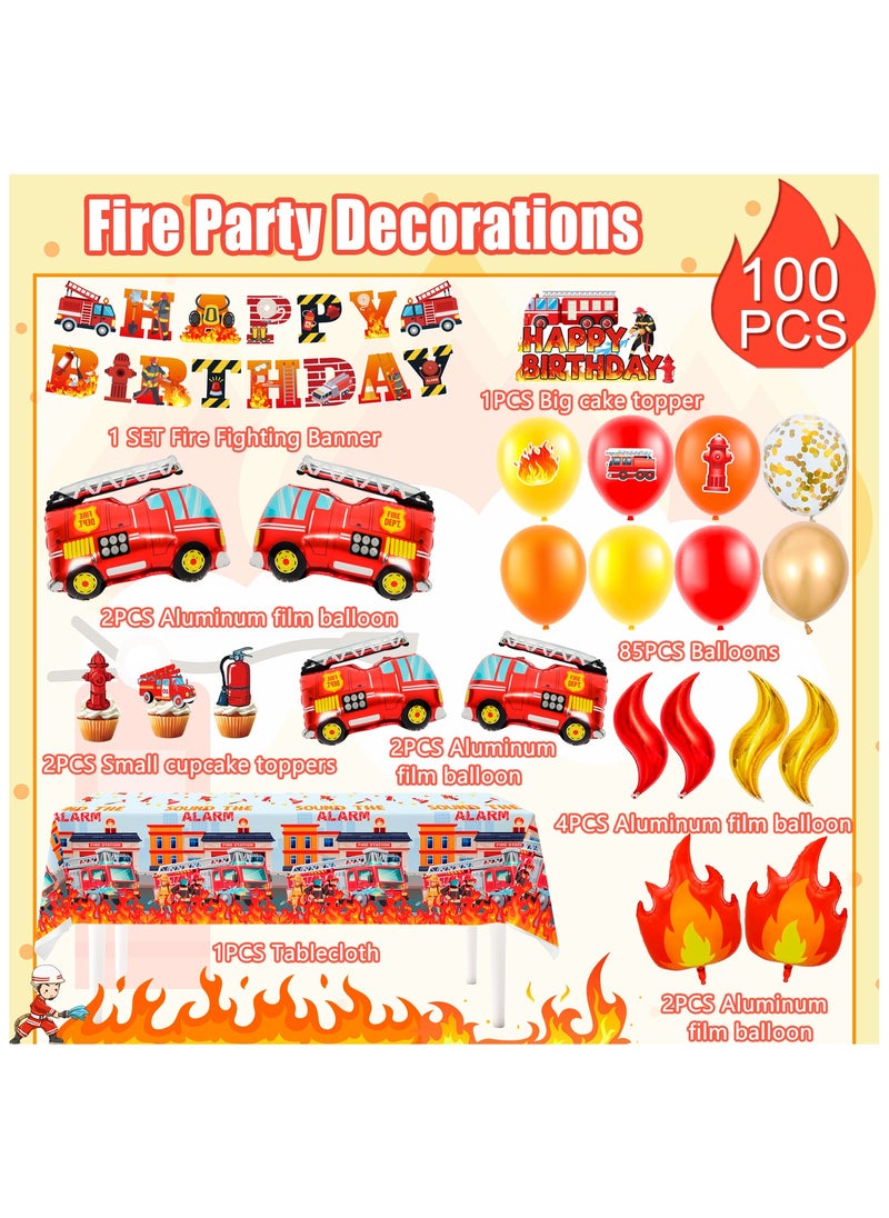 FRUITFUL PARTY - Fire Truck Party Decorations, 100 Pcs Firefighter Birthday Supplies Fire Truck Party Balloons Banner Cake Toppers Tablecloth - Image 1
