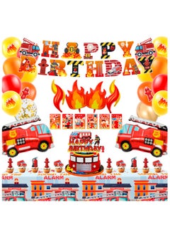 Fire Truck Party Decorations, 100 Pcs Firefighter Birthday Supplies Fire Truck Party Balloons Banner Cake Toppers Tablecloth