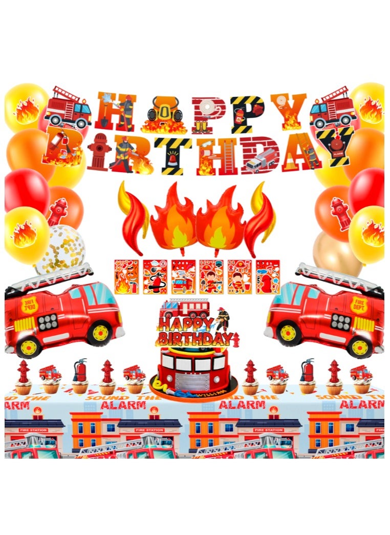 FRUITFUL PARTY - Fire Truck Party Decorations, 100 Pcs Firefighter Birthday Supplies Fire Truck Party Balloons Banner Cake Toppers Tablecloth - Image 1
