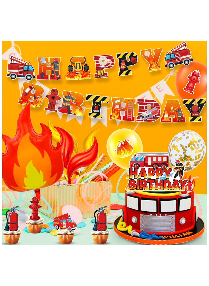 FRUITFUL PARTY - Fire Truck Party Decorations, 100 Pcs Firefighter Birthday Supplies Fire Truck Party Balloons Banner Cake Toppers Tablecloth - Image 1