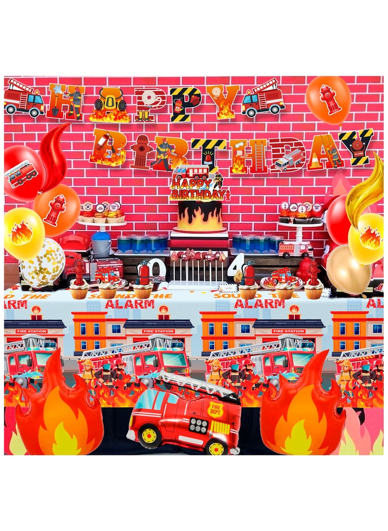 FRUITFUL PARTY - Fire Truck Party Decorations, 100 Pcs Firefighter Birthday Supplies Fire Truck Party Balloons Banner Cake Toppers Tablecloth - Image 1
