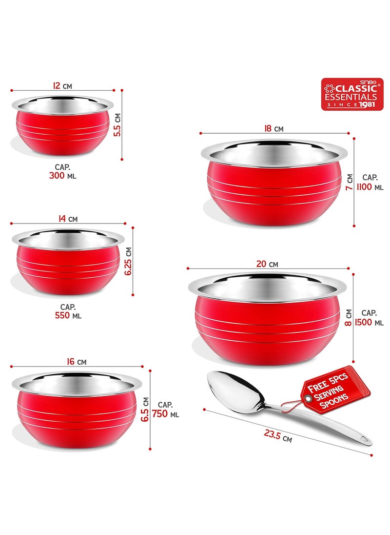 Classic Essentials Classic Essentials Stainless Steel Handi/patila/bhagona/biryani Cook & Serve Handi Induction Bottom Cookware Set, 300ml, 550ml, 750ml,1100, 1500ml (Red)  - Image 2
