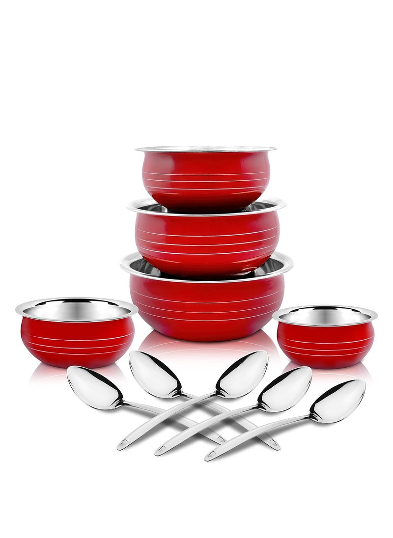 Classic Essentials Classic Essentials Stainless Steel Handi/patila/bhagona/biryani Cook & Serve Handi Induction Bottom Cookware Set, 300ml, 550ml, 750ml,1100, 1500ml (Red)  - Image 1