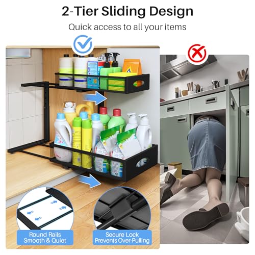 PXRACK Under Sink Organizer, 2 Tier Pull Out Under Cabinet Organizer Shelf with Pad for Framed Cabinets, Metal Slide Out Under Sink Storage, Mesh Sliding Drawers for Kitchen Bathroom Laundry(Black, 1 Pack) - Image 5
