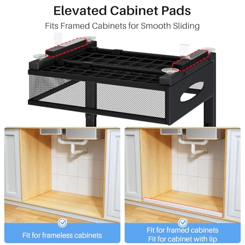 PXRACK Under Sink Organizer, 2 Tier Pull Out Under Cabinet Organizer Shelf with Pad for Framed Cabinets, Metal Slide Out Under Sink Storage, Mesh Sliding Drawers for Kitchen Bathroom Laundry(Black, 1 Pack) - Image 3