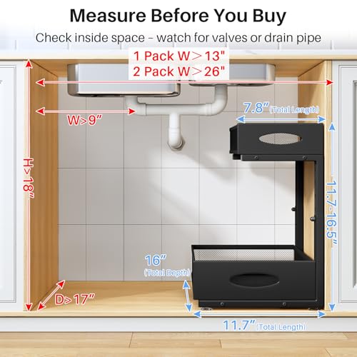 PXRACK Under Sink Organizer, 2 Tier Pull Out Under Cabinet Organizer Shelf with Pad for Framed Cabinets, Metal Slide Out Under Sink Storage, Mesh Sliding Drawers for Kitchen Bathroom Laundry(Black, 1 Pack) - Image 2
