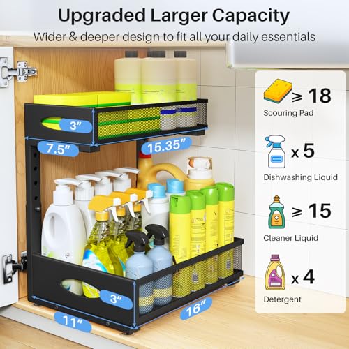 PXRACK Under Sink Organizer, 2 Tier Pull Out Under Cabinet Organizer Shelf with Pad for Framed Cabinets, Metal Slide Out Under Sink Storage, Mesh Sliding Drawers for Kitchen Bathroom Laundry(Black, 1 Pack) - Image 4